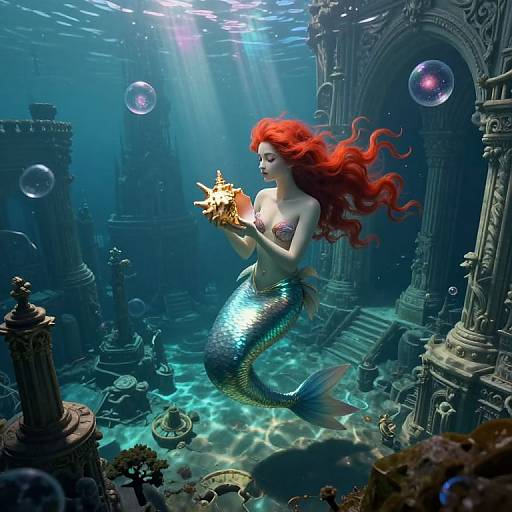 Photorealistic digital art of a red-haired mermaid with a shimmering tail, holding a starfish, underwater in a sunlit, ancient ruins
