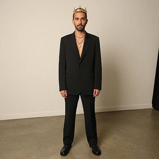 Photograph of a bearded man with a crown, wearing a black suit, unbuttoned shirt, multiple necklaces, and black shoes, standing