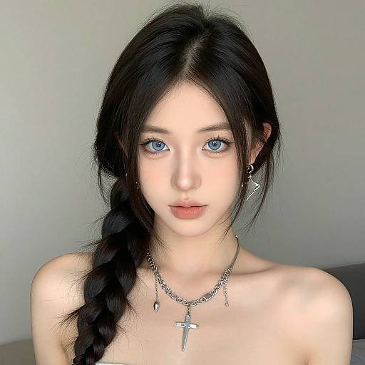 Photograph of an Asian woman with fair skin, long black braided hair, blue eyes, and a silver cross necklace, against a plain gray background