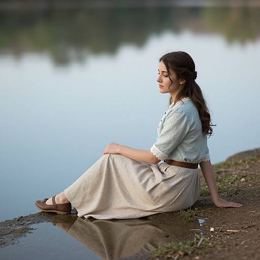 Photograph of a young woman with long brown hair, wearing a white blouse and beige skirt, sitting by a calm lake, reflecting her profile.