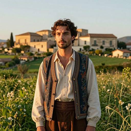 Photograph of a curly-haired man with a beard, wearing a white shirt and patterned vest, standing in a sunlit field with a rustic village