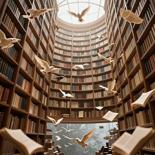 Photograph of a grand library with towering bookshelves, white doves flying, and books floating mid-air under a circular skylight.