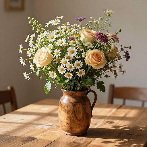 Photograph of a rustic wooden vase filled with white daisies, yellow roses, purple clovers, and green foliage, placed on a sunlit