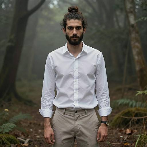 Confident Young Man in Misty Forest