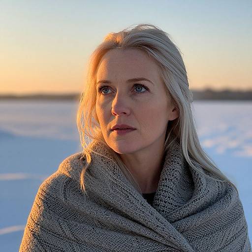 Photograph of a blonde Caucasian woman with blue eyes, wrapped in a gray knitted scarf, standing in a snowy landscape at sunset.