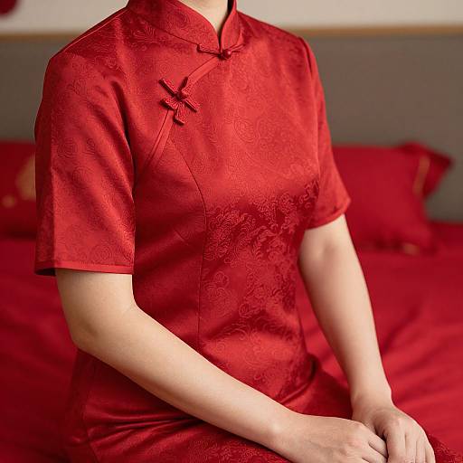 Photograph of a person in a vibrant red, short-sleeved, floral-patterned cheongsam, seated on a red bed, with blurred