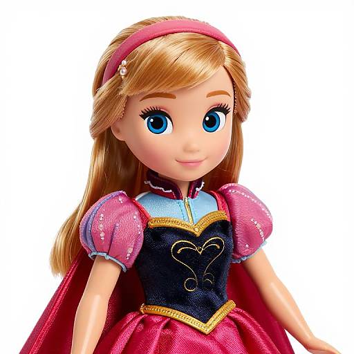 Photograph of a Barbie doll with large blue eyes, blonde hair, pink headband, and pink puffed sleeves, wearing a red dress with a