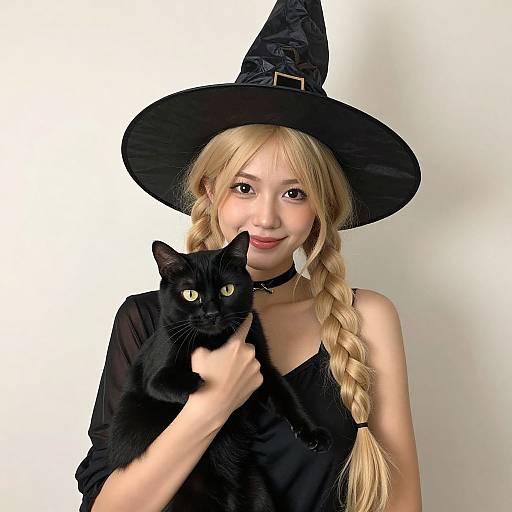 Photograph of a blonde woman with braided hair, wearing a black witch hat and dress, holding a black cat against a white background.