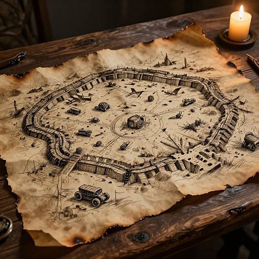 Vintage-style, black ink drawing on aged parchment of a winding road map with cars, buildings, and a lit candle on wooden table.