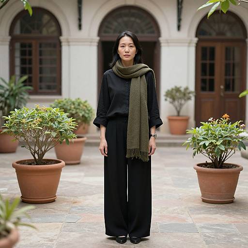 Photograph of an Asian woman with straight black hair, wearing a black blouse, long olive scarf, and black pants, standing in a courtyard with p