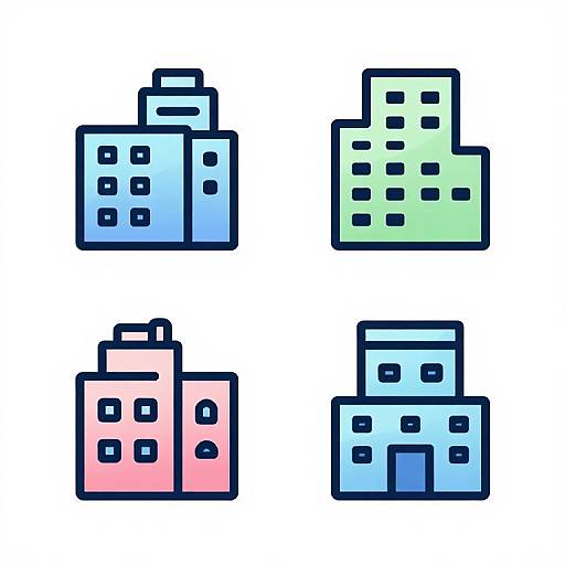 Four colorful, pixelated building icons arranged in a grid: blue, green, pink, and light blue, each with simple window and door designs.