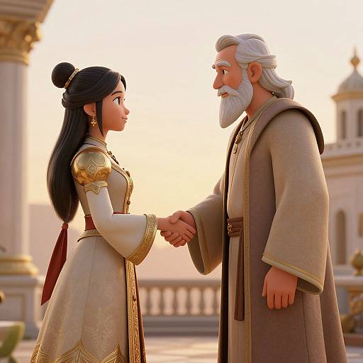 CGI image of a young woman with dark hair in ornate gold and beige dress, shaking hands with a gray-bearded older man in brown robe