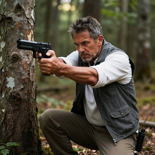 Rugged Hunter in Dense Forest Scene