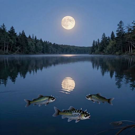 Photograph of a serene, moonlit lake with three fish swimming in the foreground, reflected in the calm water, surrounded by pine trees under a clear