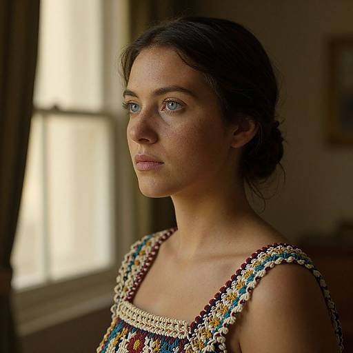 Photograph of a young woman with fair skin, blue eyes, and dark brown hair in a loose bun, wearing a colorful, crocheted dress