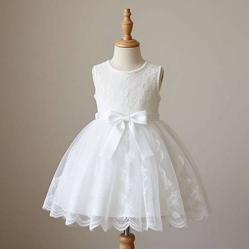 Photograph of a white, lace-trimmed, sleeveless, floral-patterned, A-line toddler dress displayed on a wooden dress form against a