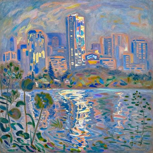 Vibrant, impressionistic cityscape painting with colorful, swirling brushstrokes; tall skyscrapers illuminated by sunset light reflect on a shimmering
