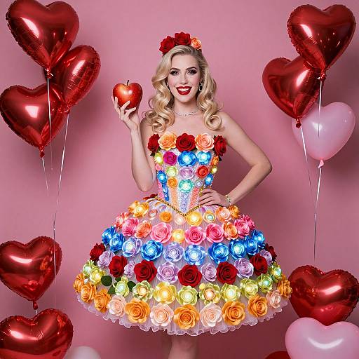 Photograph of a blonde woman in a colorful flower dress, holding a red apple, surrounded by red heart balloons, pink background.