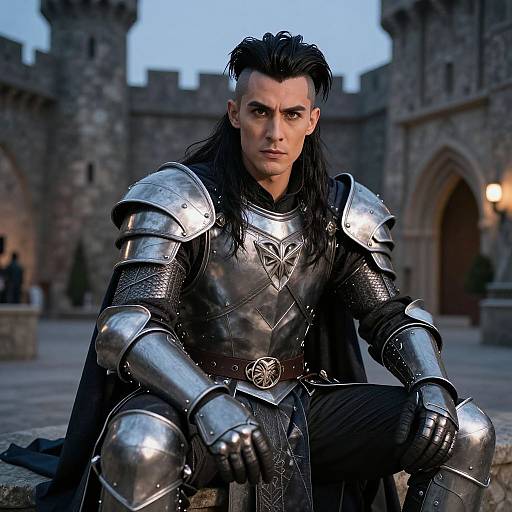 Photograph of a serious, dark-haired man in shiny medieval armor, with a stern expression, sitting in front of a castle at dusk.
