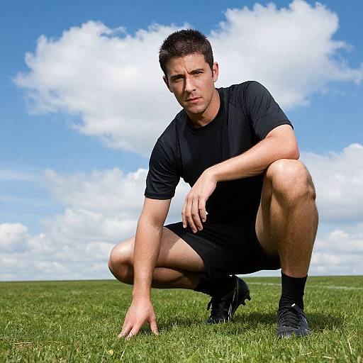 Photograph of a muscular, short-haired man in a black t-shirt and shorts, crouching on grassy field against a bright blue sky with