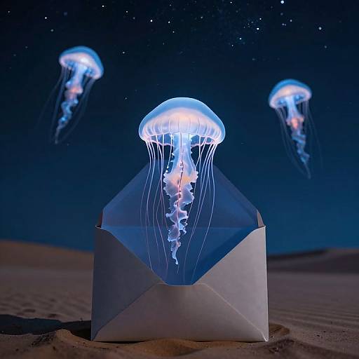 Photograph of glowing blue jellyfish emerging from a white, open envelope on a sandy desert, with two more jellyfish in the dark, starry