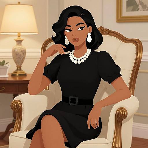 Digital illustration of a dark-skinned woman with black bob hair, wearing a black dress, white pearl necklace, and earrings, seated in an elegant white