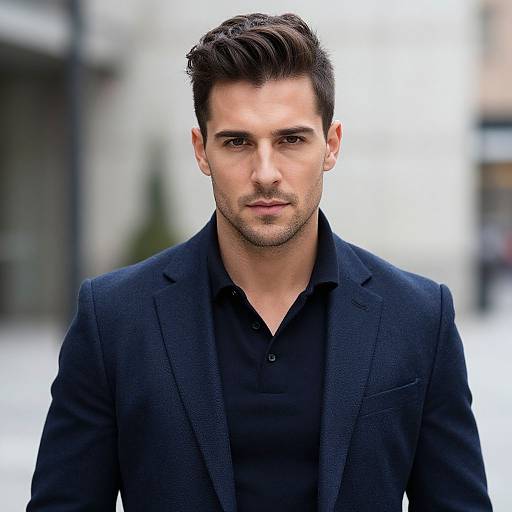 Photograph of a handsome, dark-haired man with styled hair, wearing a dark blue textured blazer over a black button-up shirt, standing against a