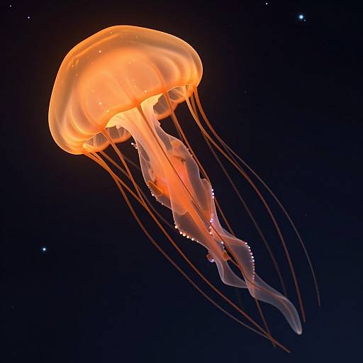 Photograph of a glowing orange jellyfish with translucent, flowing tentacles against a dark blue, star-speckled ocean background.