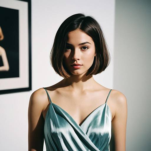 Young Woman with Shoulder-Length Bob in Silk Evening Gown