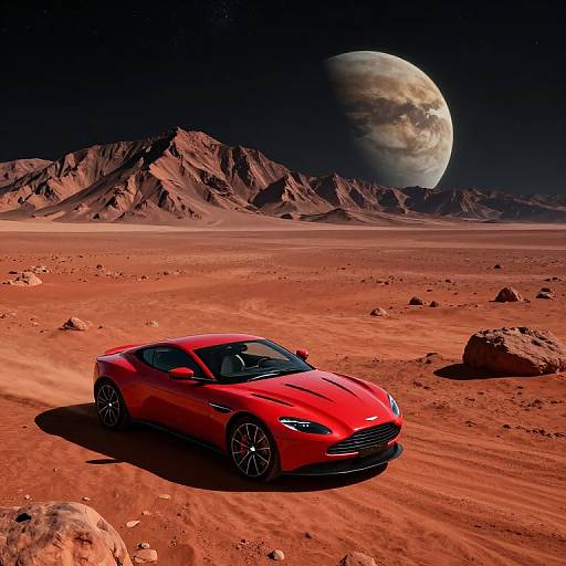 Photorealistic CGI: Bright red sports car with sleek design, black rims, and LED headlights parked on red desert sand with rocky terrain and large,