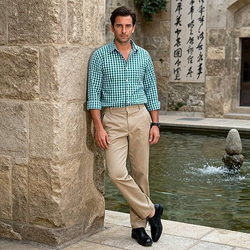 Photograph of a handsome man with short brown hair, wearing a blue checkered shirt, beige pants, and black shoes, leaning against a stone wall