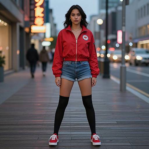 Photograph of a young woman with medium brown skin, black wavy hair, wearing a red bomber jacket, denim shorts, black thigh-high socks,