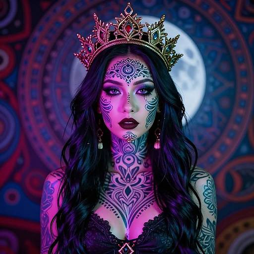 Photograph of a tattooed woman with long black hair, wearing a gold crown, black lace top, and vivid purple and pink body paint, set