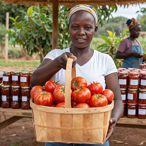 Photograph of a smiling African woman with dark skin, wearing a white shirt and colorful headscarf, holding a wooden basket filled with bright red tomatoes