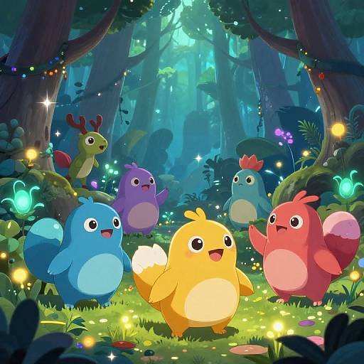 Colorful forest scene with six cute, round, cartoon bird-like creatures dancing under glowing lights and surrounded by enchanted forest. Digital art.