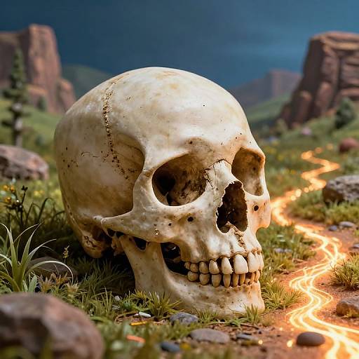 Photorealistic CGI of a weathered human skull with a cracked surface, sitting on grassy terrain, surrounded by glowing orange flames, and set against