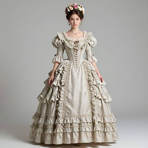 Photograph of a fair-skinned woman in an elaborate, cream-colored, Victorian-style ball gown with ruffled layers and puffed sleeves, wearing a