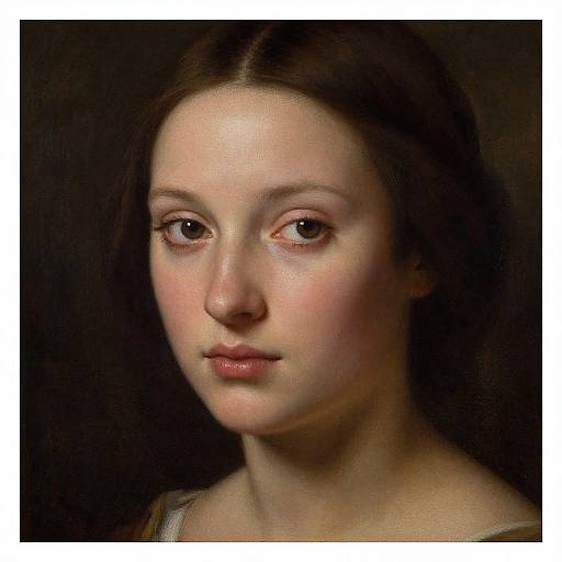 Photorealistic digital painting of a young woman with fair skin, brown eyes, and dark brown hair, set against a dark background.