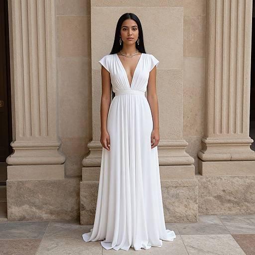 Photograph of a Black woman with long black hair, wearing a white, deep V-neck, sleeveless, floor-length gown, standing in front of