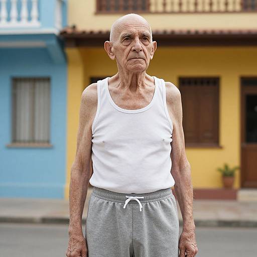 Photograph of an elderly, bald man with wrinkled skin, wearing a white tank top and gray sweatpants, standing in front of colorful, yellow