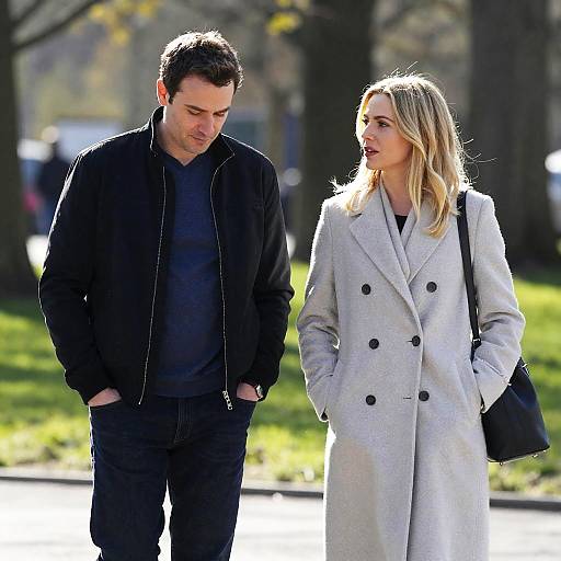 Photograph of a blonde woman in a light gray coat and black handbag walking with a dark-haired man in a black jacket in a sunlit park