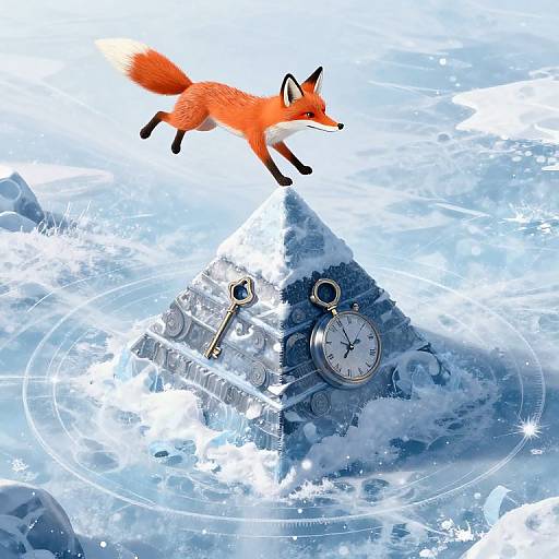 Digital artwork of a red fox mid-leap over a snowy, clock-and-key backdrop with circular light trails and abstract blue textures.