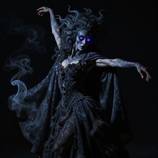 Digital artwork of a ghostly, blue-skinned woman with flowing hair, glowing purple eye, and dark, tattered dress against a black background.