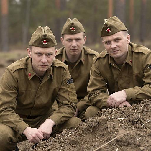 Soviet Soldiers in Camouflage Behind Dirt