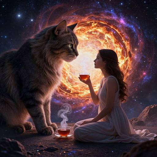 Digital artwork: A woman in a white dress, kneeling, gazes at a large, fluffy cat, holding a cup, with a fiery galaxy behind