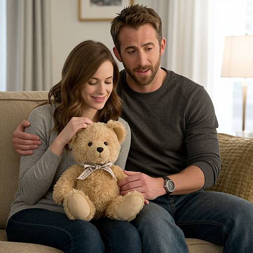 Photograph of a smiling couple sitting on a beige couch, holding a beige teddy bear with a white ribbon. Man in dark sweater, woman in
