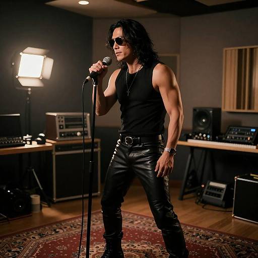 Spotlit Muscular Singer in Cluttered Studio