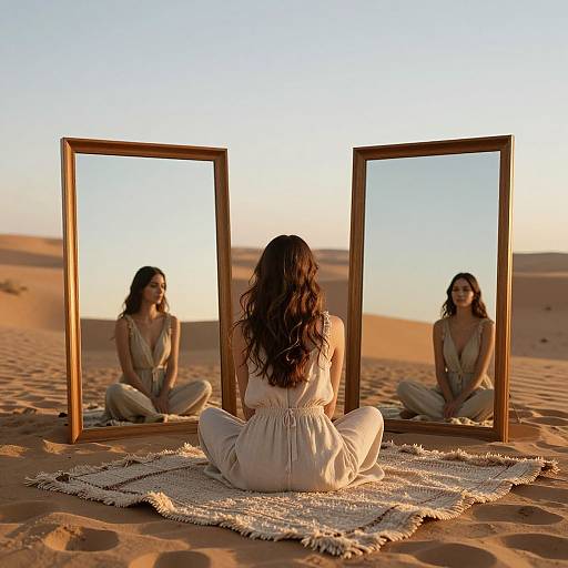 Photograph of a woman with long curly hair, seated cross-legged on a woven rug in a desert, facing two standing mirrors reflecting her serene expression.