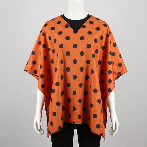 Photograph of a white mannequin wearing an orange, short-sleeved, V-neck shirt with large black polka dots against a plain white