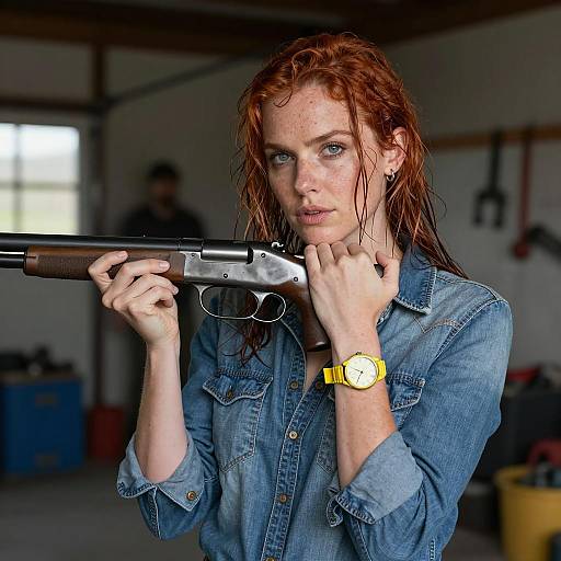 Mysterious Woman with Shotgun in Garage